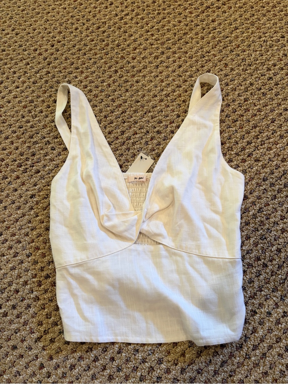 Francesca's Collections White V-Neck Cropped Tank with Gathered Bust
